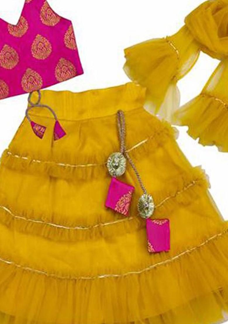 Yellow Embroidered Blended Lehenga Choli For Girls - Indya