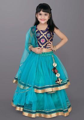 Turquoise Blue Embroidered Blended Lehenga Choli For Girls