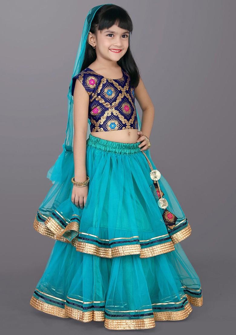 Turquoise Blue Embroidered Blended Lehenga Choli For Girls - Indya