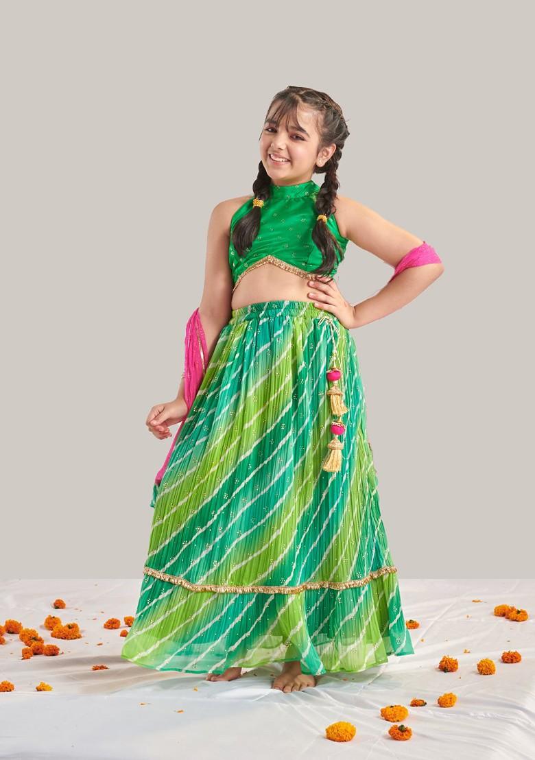 Green Printed Blended Lehenga Choli For Girls - Indya