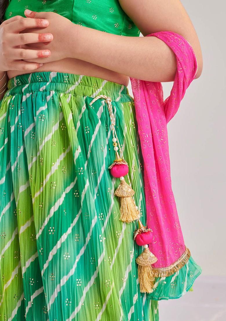 Green Printed Blended Lehenga Choli For Girls - Indya