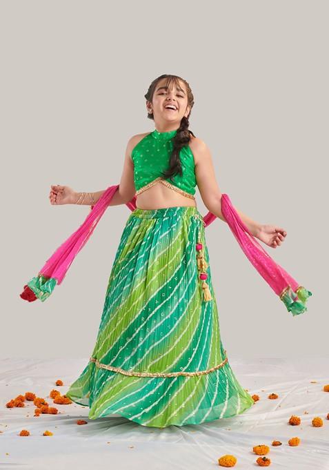 Green Printed Blended Lehenga Choli For Girls — view on Indya