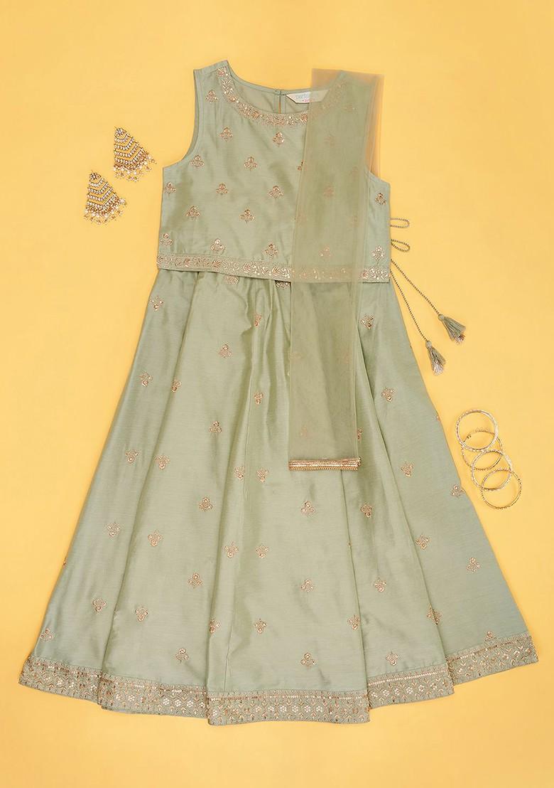 Green Embroidered Cotton Blend Lehenga Choli For Girls - Indya