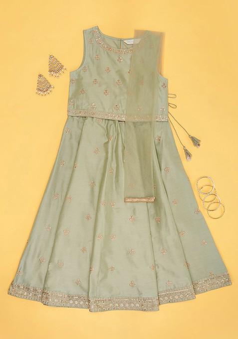 Green Embroidered Cotton Blend Lehenga Choli For Girls — view on Indya