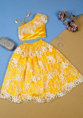 Yellow Embroidered Blended Lehenga Choli For Girls