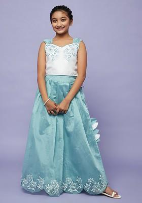 Blue Embroidered Silk Lehenga Choli For Girls