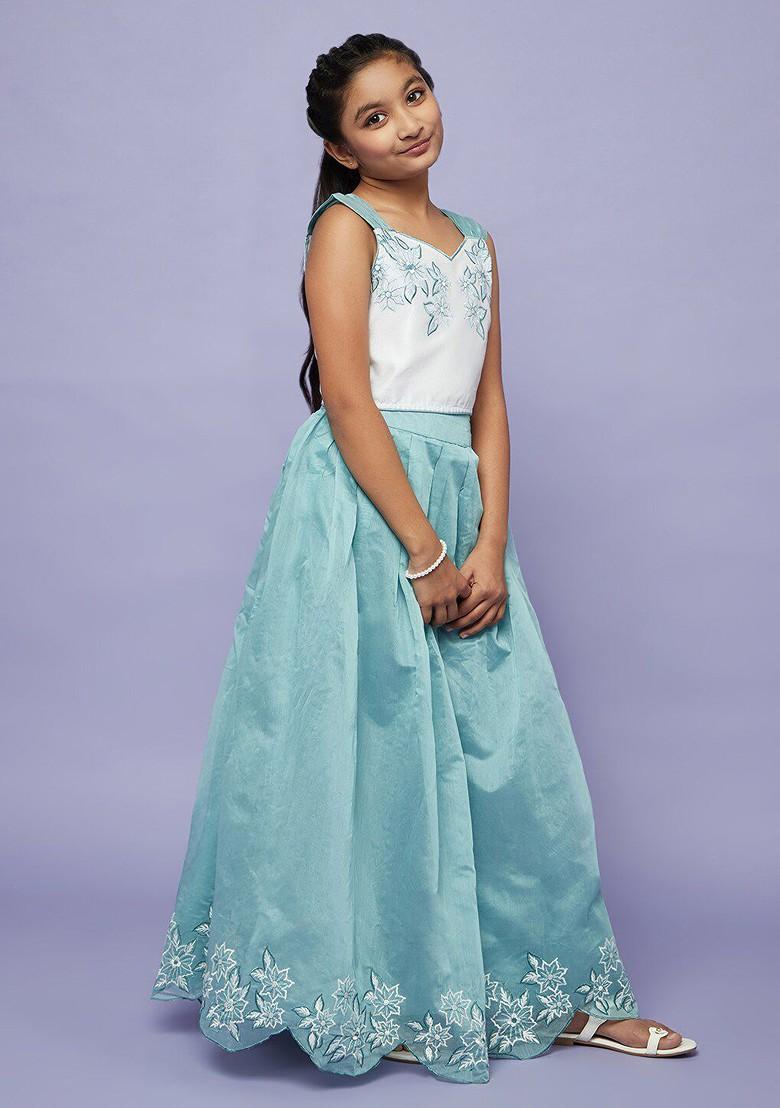 Blue Embroidered Silk Lehenga Choli For Girls - Indya