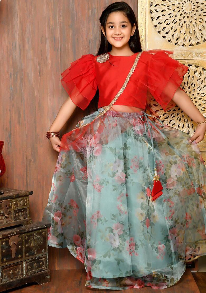Red Embroidered Blended Lehenga Choli For Girls - Indya