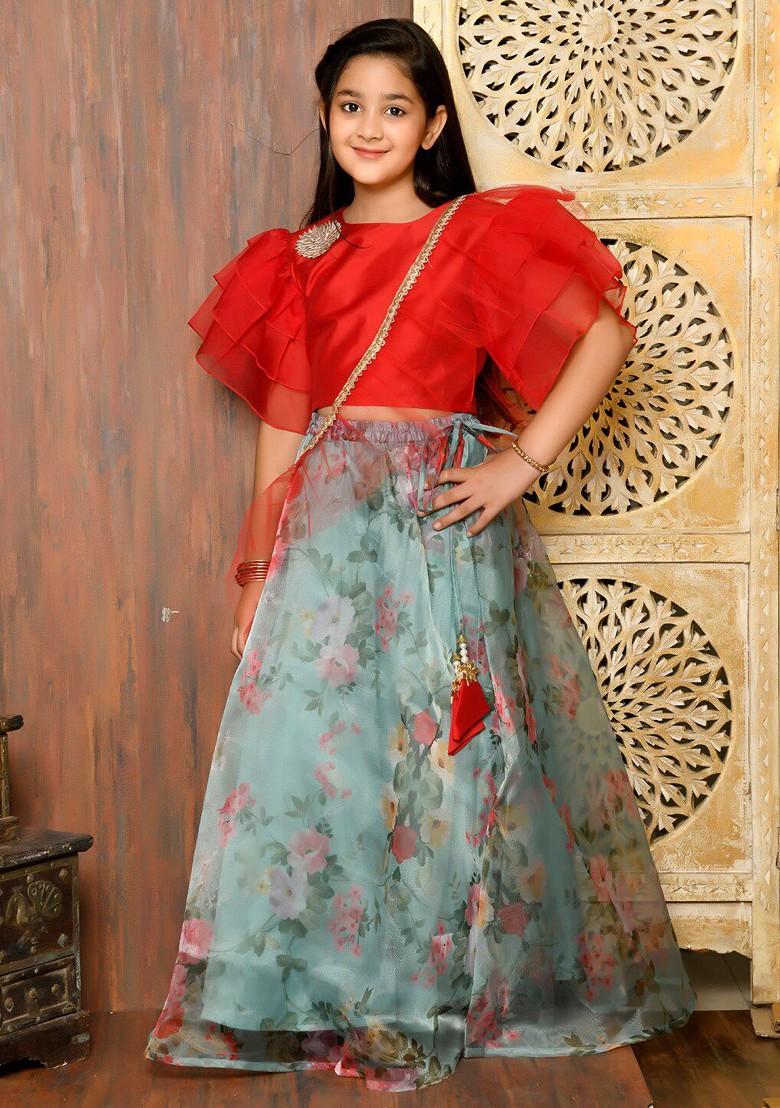Red Embroidered Blended Lehenga Choli For Girls - Indya