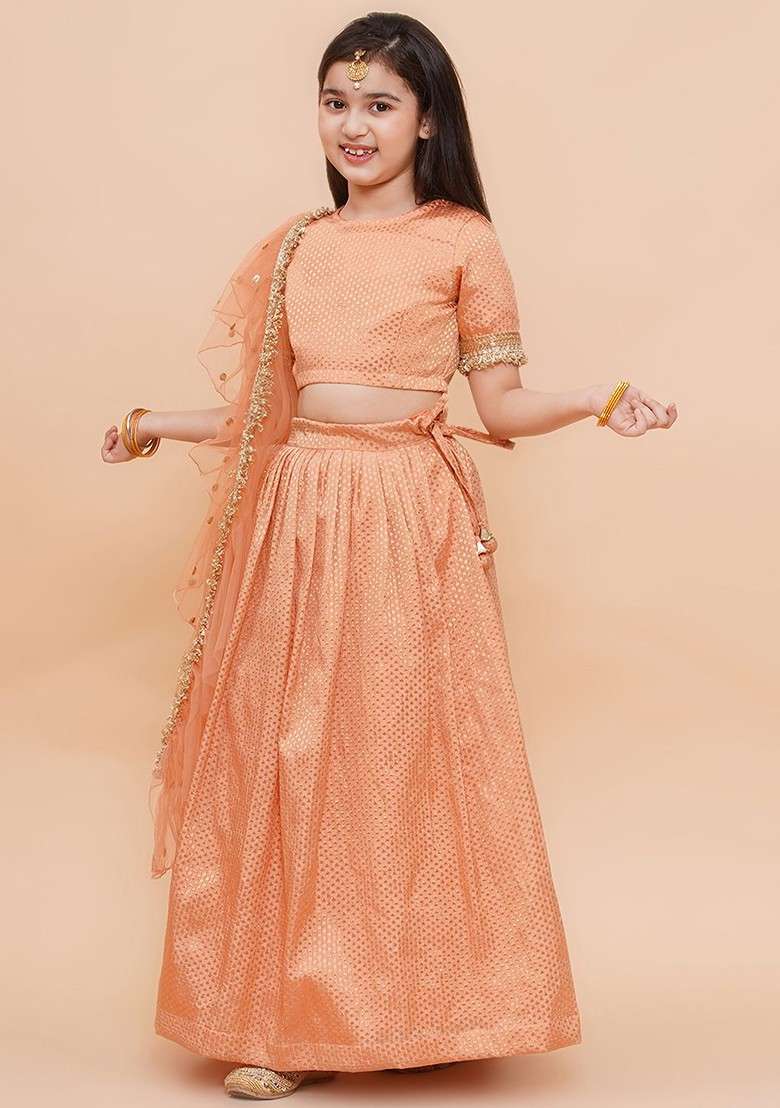 Peach Embroidered Blended Lehenga Choli For Girls - Indya