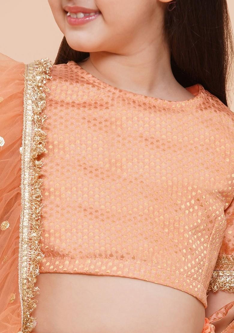 Peach Embroidered Blended Lehenga Choli For Girls - Indya