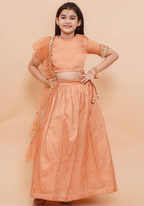 Peach Embroidered Blended Lehenga Choli For Girls