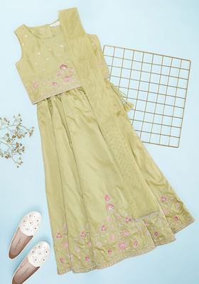 Olive Embroidered Blended Lehenga Choli For Girls