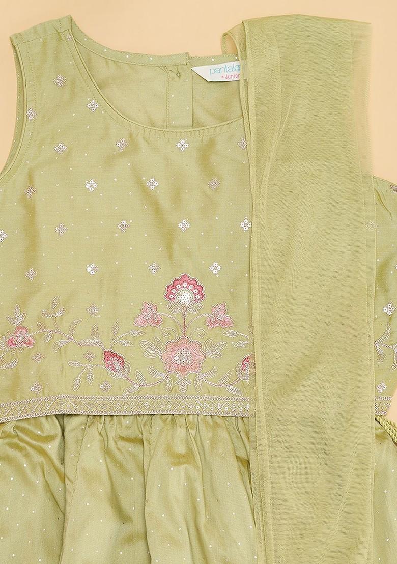 Olive Embroidered Blended Lehenga Choli For Girls - Indya