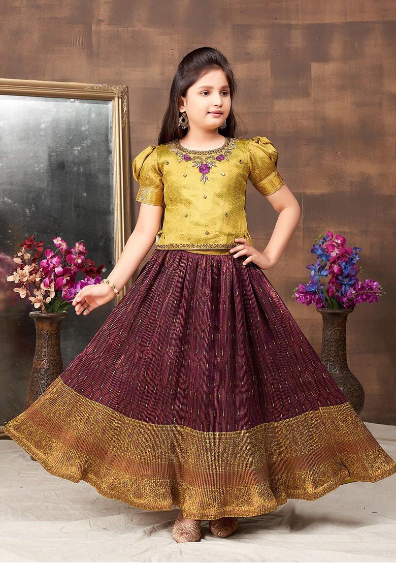 Green Embellished Blended Lehenga Choli For Girls - Indya