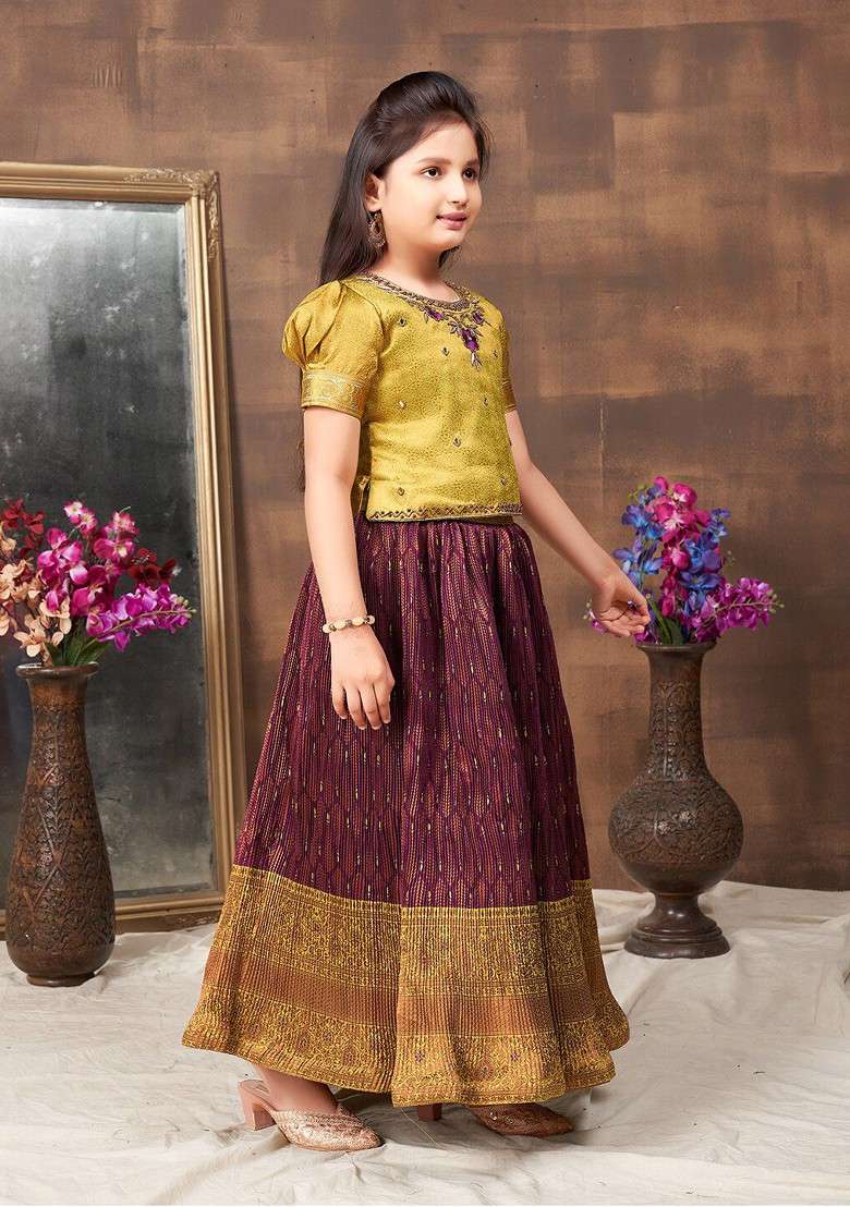 Green Embellished Blended Lehenga Choli For Girls - Indya