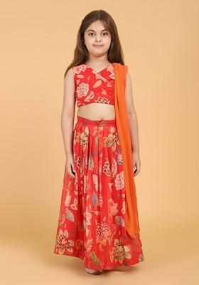 Red Printed Blended Lehenga Choli For Girls