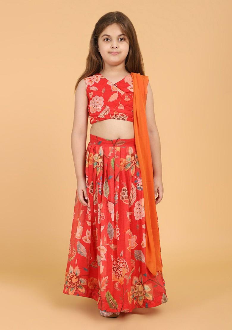 Red Printed Blended Lehenga Choli For Girls - Indya