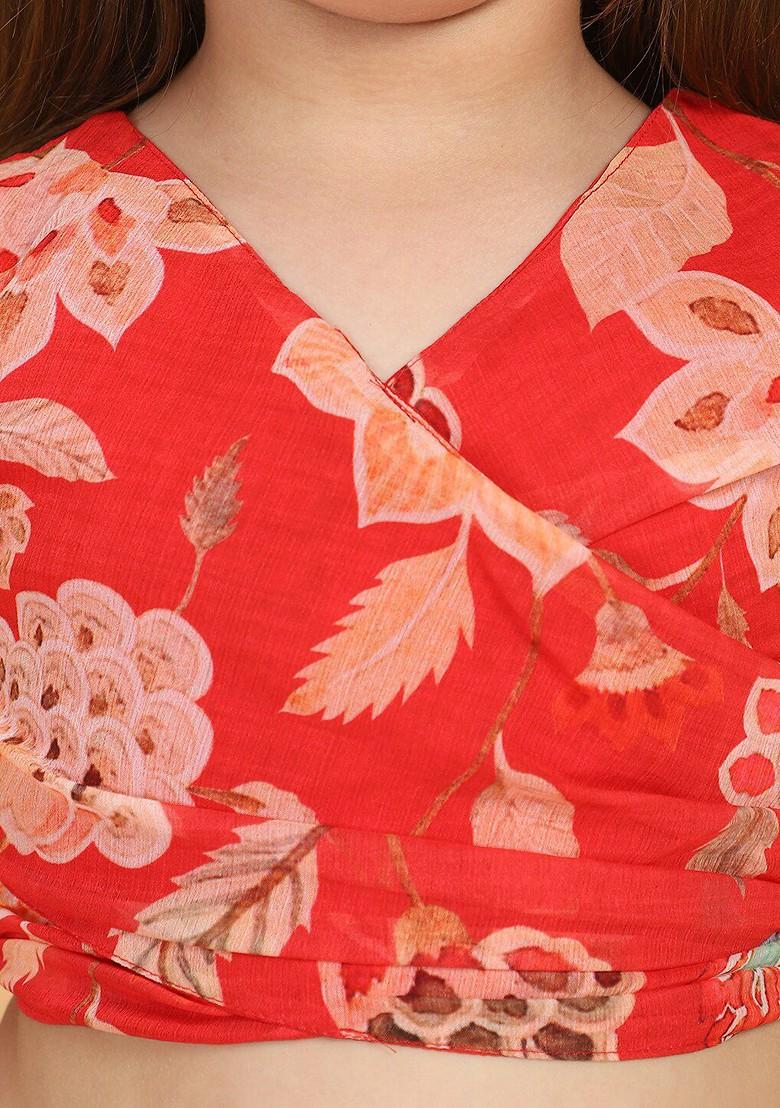 Red Printed Blended Lehenga Choli For Girls - Indya