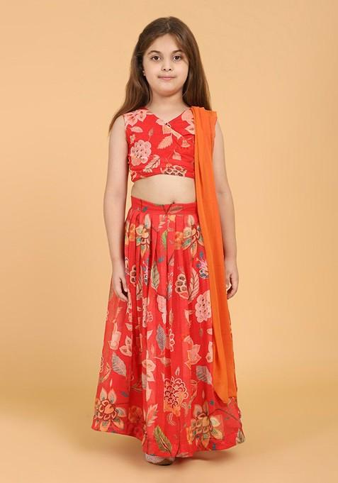 Red Printed Blended Lehenga Choli For Girls — view on Indya