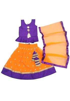 Orange Embroidered Blended Lehenga Choli For Girls