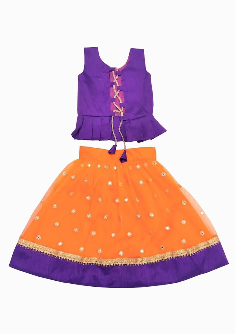 Orange Embroidered Blended Lehenga Choli For Girls - Indya