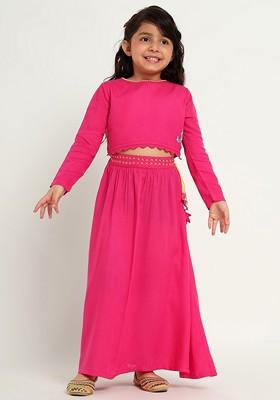 Pink Embellished Cotton Blend Lehenga Choli For Girls