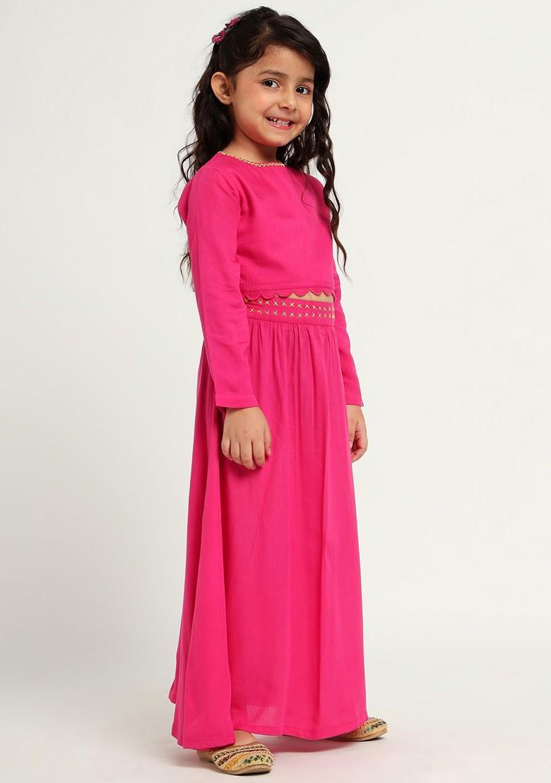 Pink Embellished Cotton Blend Lehenga Choli For Girls - Indya