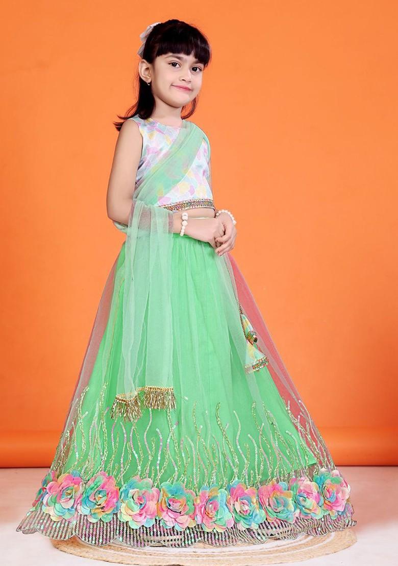 Fluorescent Green Printed Blended Lehenga Choli For Girls - Indya