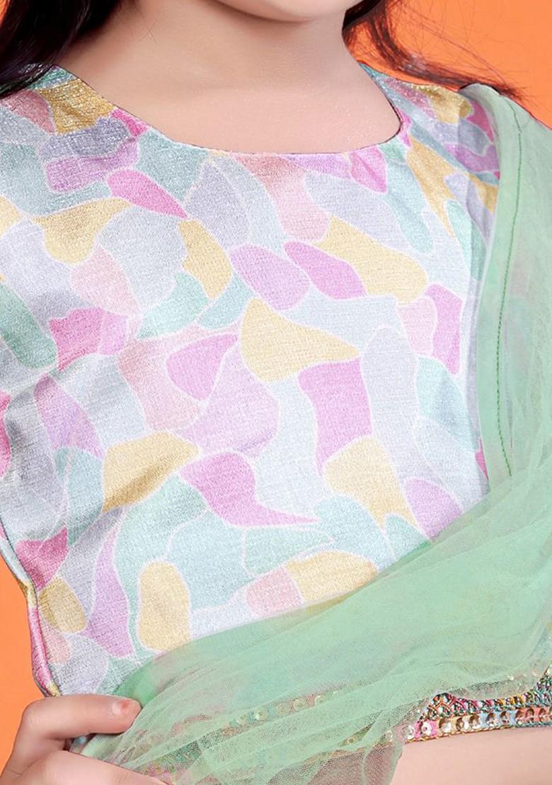 Fluorescent Green Printed Blended Lehenga Choli For Girls - Indya