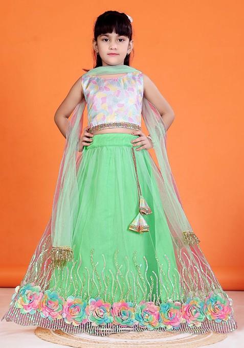 Fluorescent Green Printed Blended Lehenga Choli For Girls — view on Indya