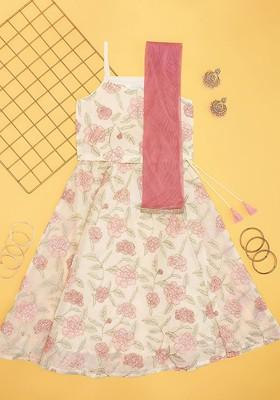 Off White Printed Blended Lehenga Choli For Girls