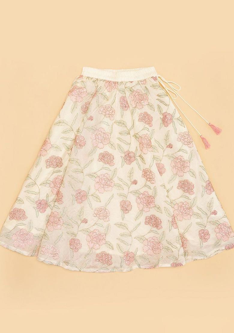 Off White Printed Blended Lehenga Choli For Girls - Indya