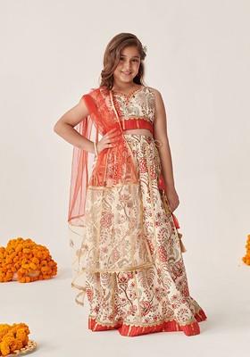 Off White Printed Blended Lehenga Choli For Girls