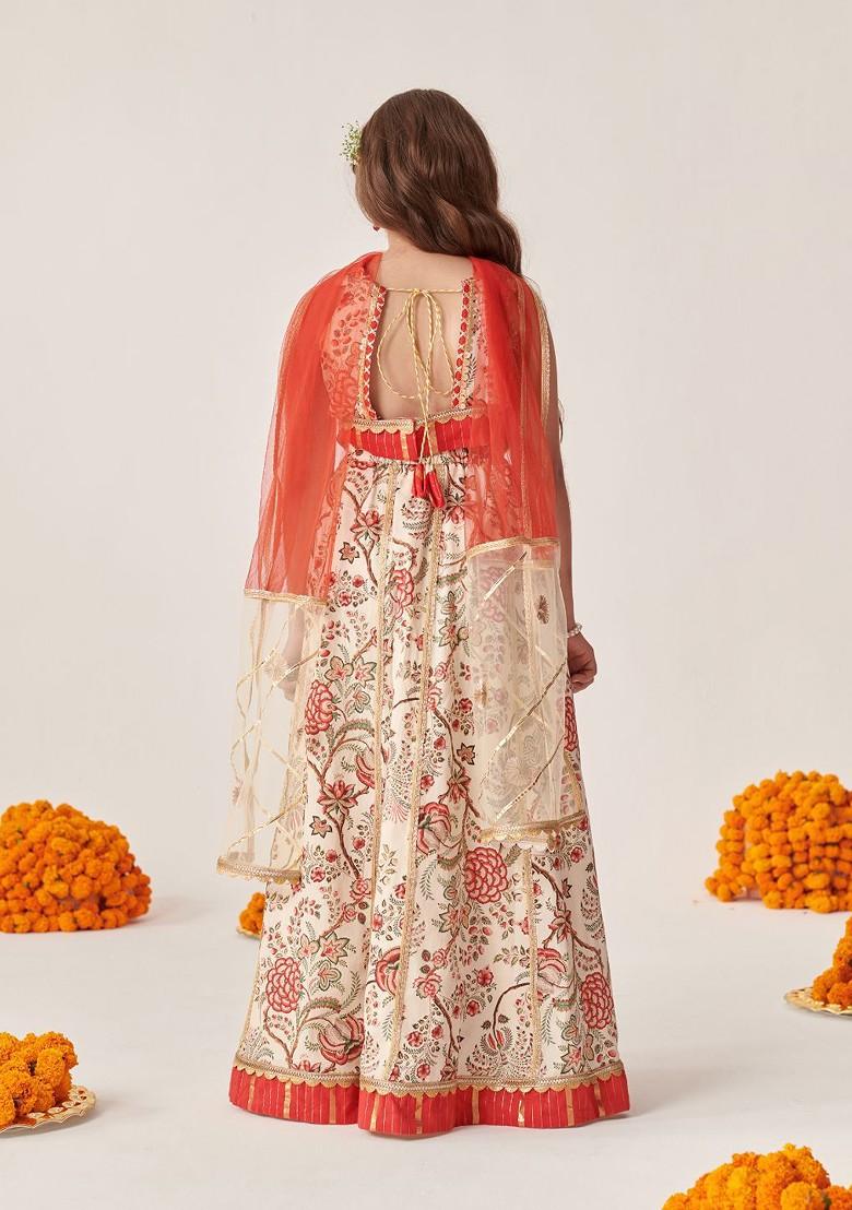 Off White Printed Blended Lehenga Choli For Girls - Indya