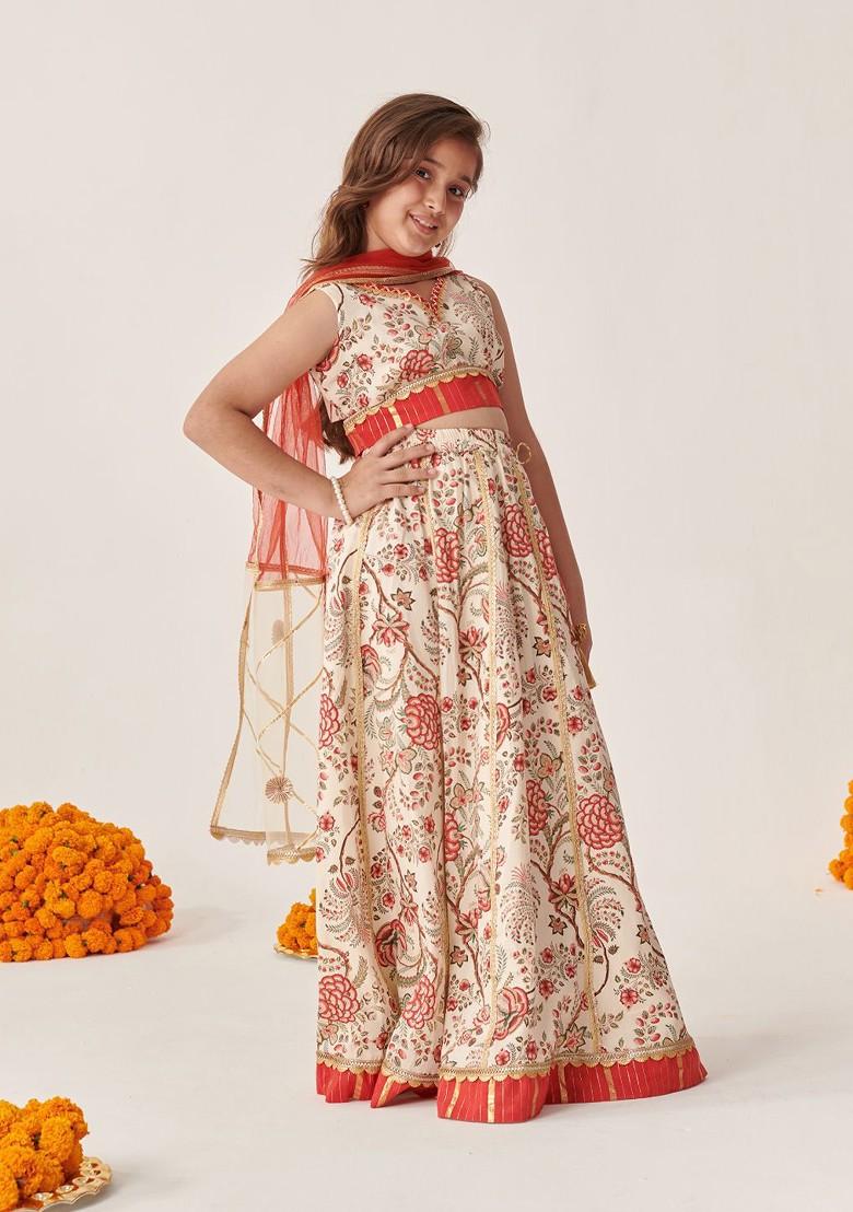 Off White Printed Blended Lehenga Choli For Girls - Indya