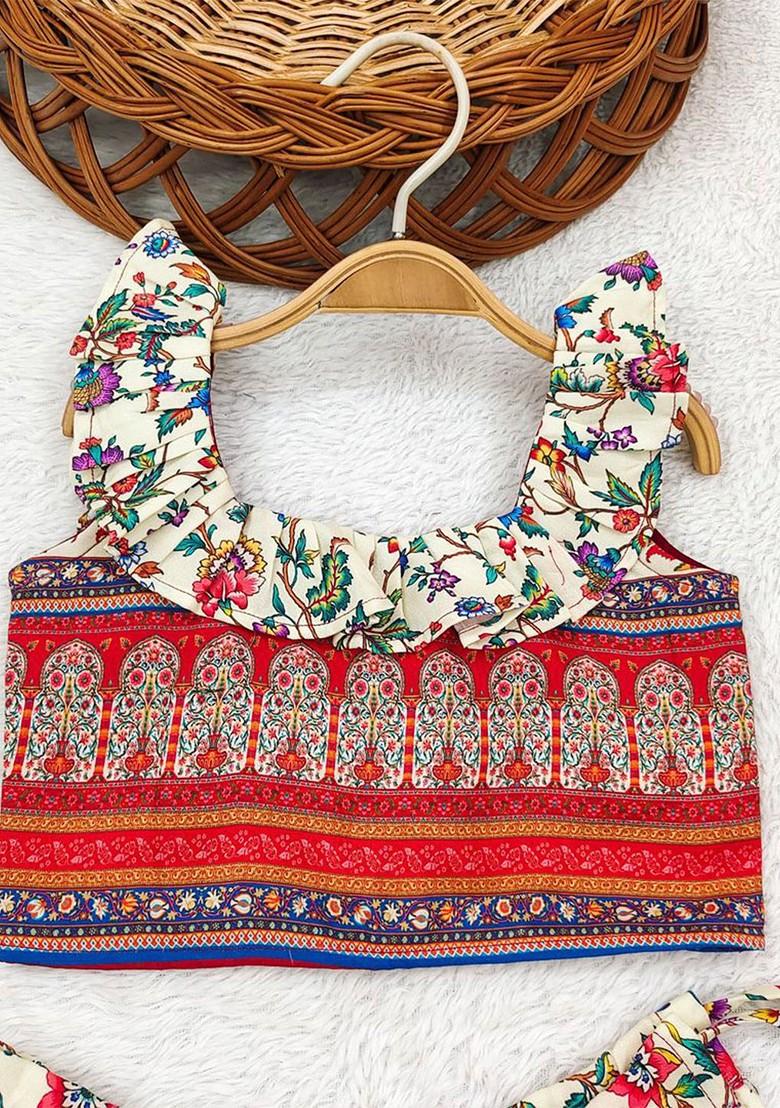 White Printed Blended Lehenga Choli For Girls - Indya