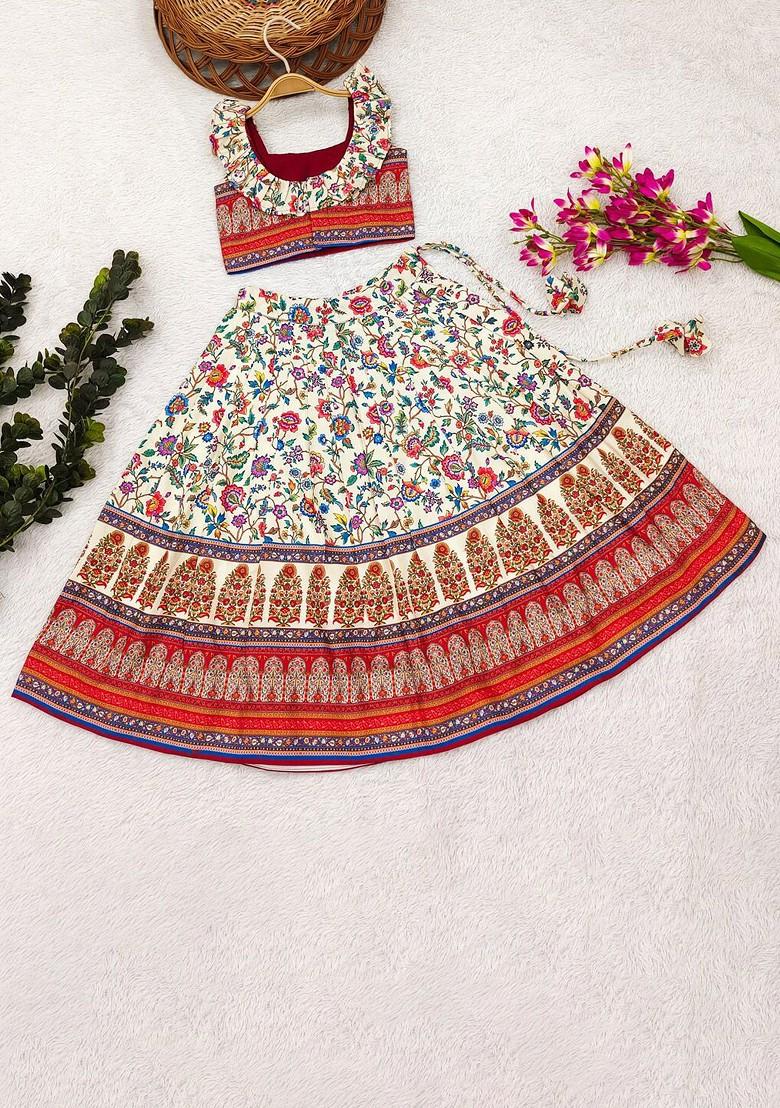 White Printed Blended Lehenga Choli For Girls - Indya