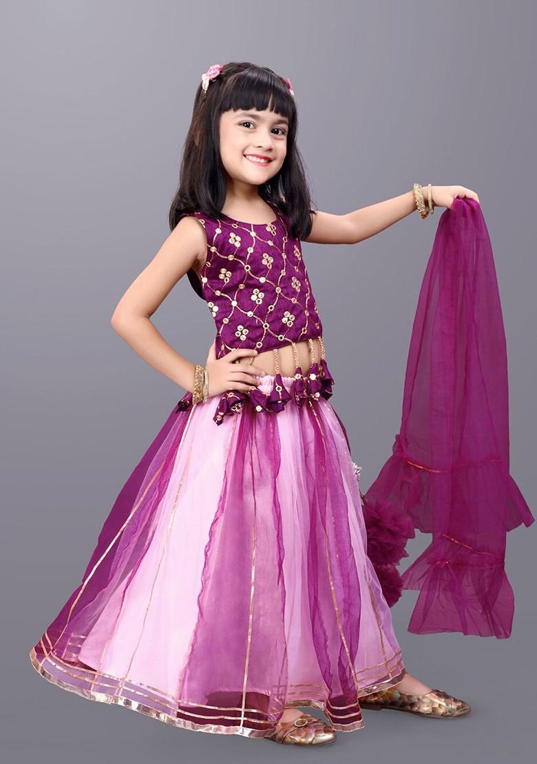 Pink Embroidered Net Lehenga Choli For Girls - Indya