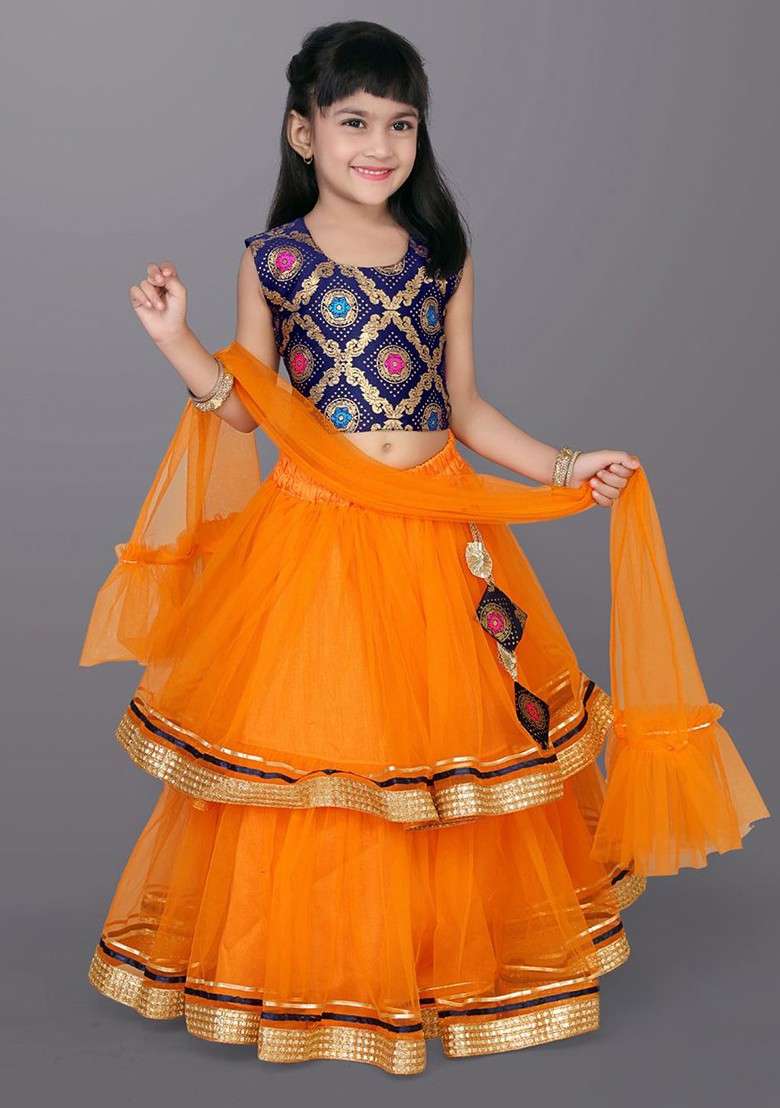 Orange Embroidered Blended Lehenga Choli For Girls - Indya