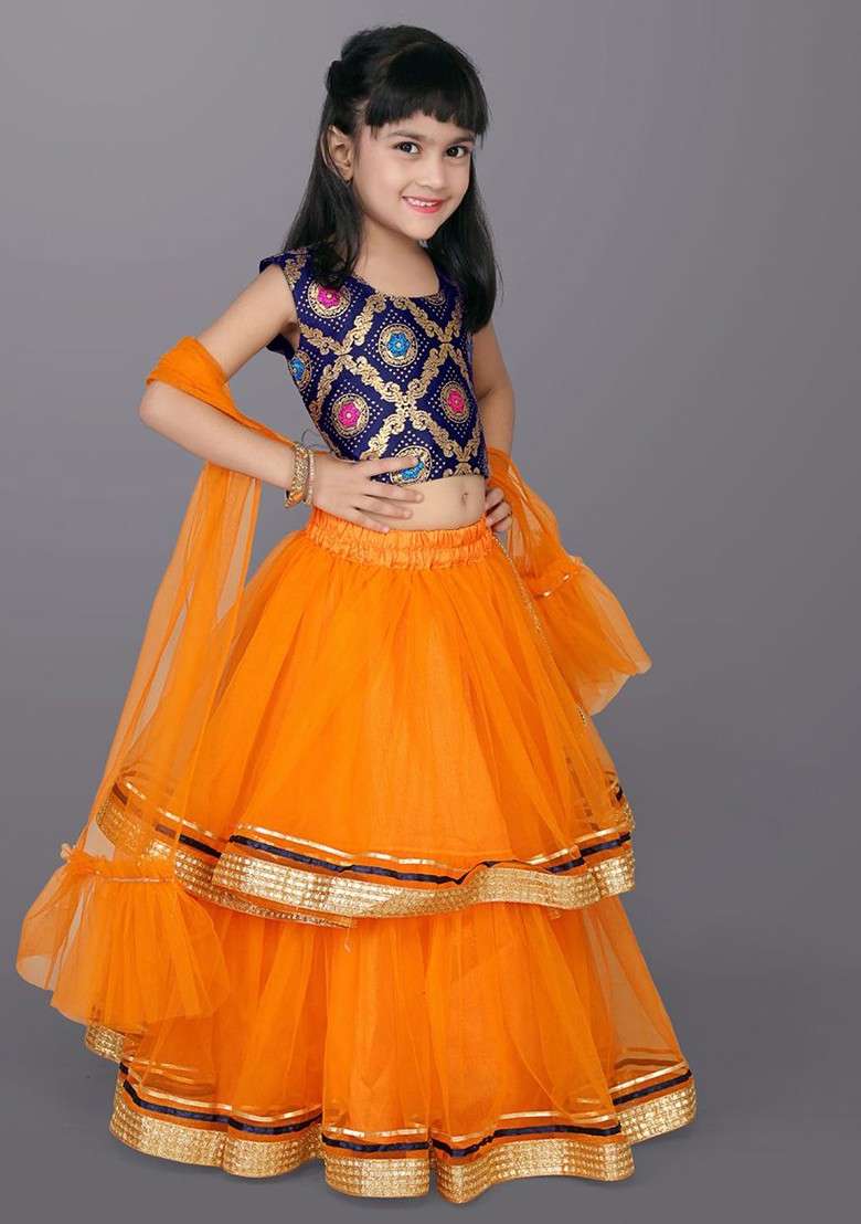 Orange Embroidered Blended Lehenga Choli For Girls - Indya