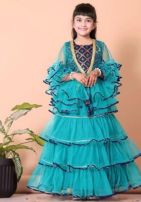 Teal Embroidered Blended Lehenga Choli For Girls