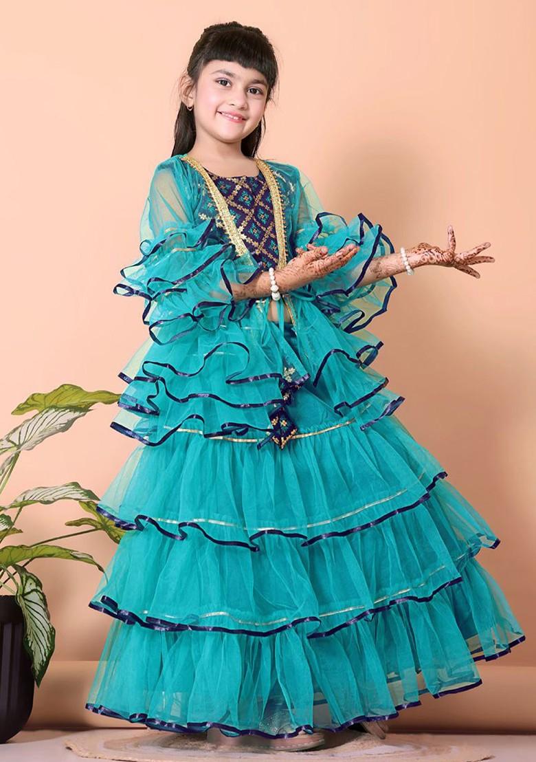 Teal Embroidered Blended Lehenga Choli For Girls - Indya