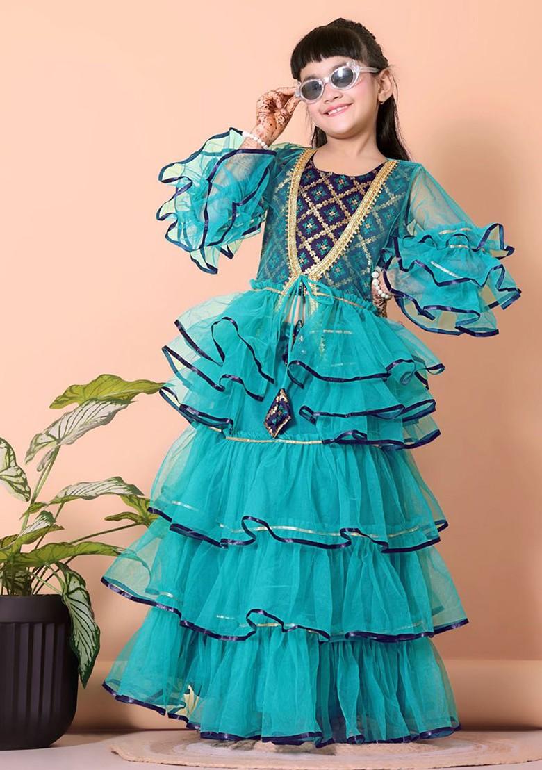 Teal Embroidered Blended Lehenga Choli For Girls - Indya