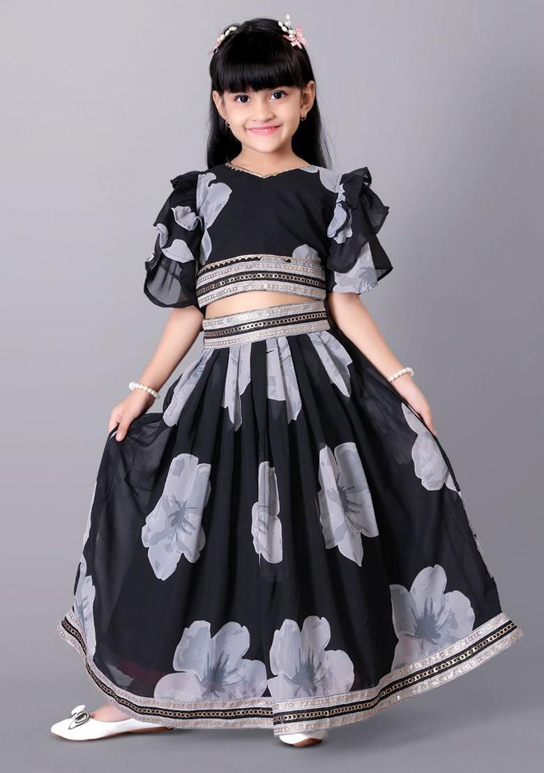 Black Printed Blended Lehenga Choli For Girls - Indya