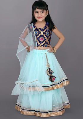 Sea Green Embroidered Blended Lehenga Choli For Girls