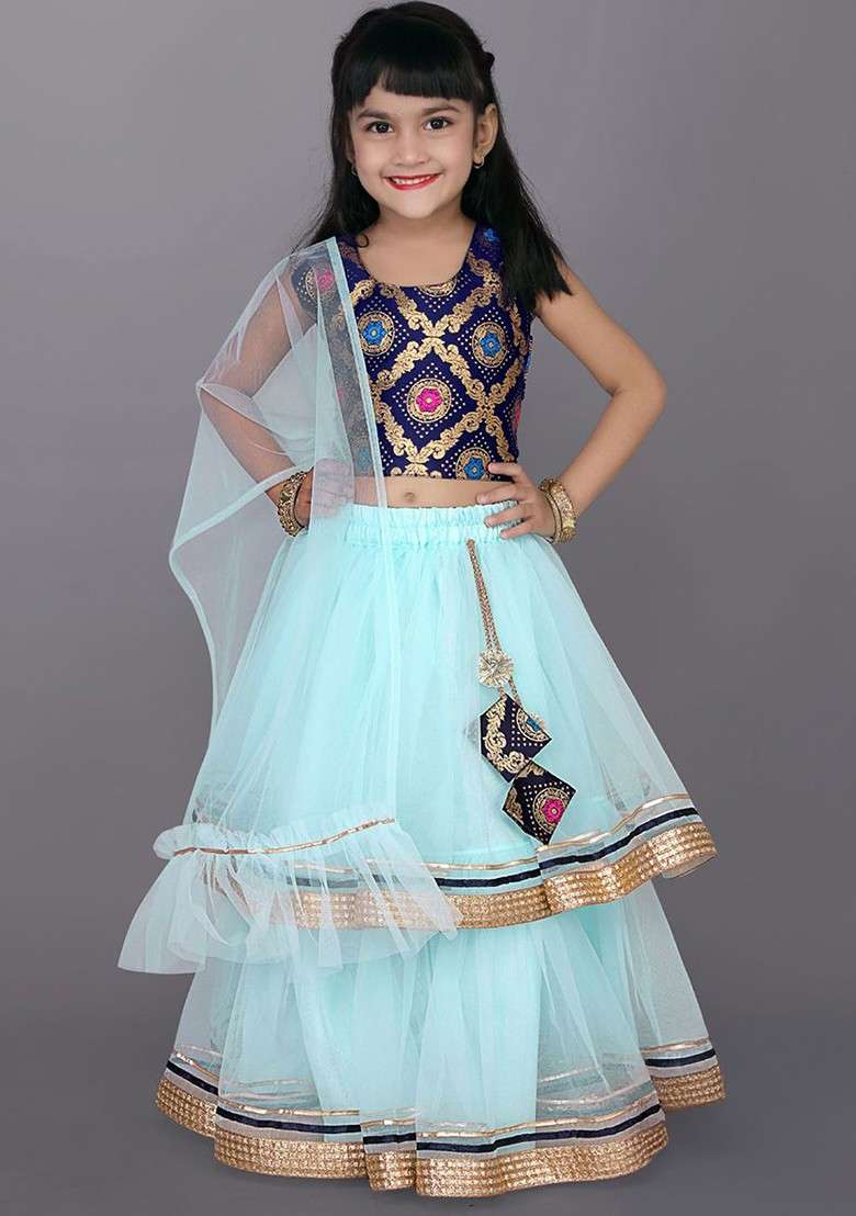 Sea Green Embroidered Blended Lehenga Choli For Girls - Indya