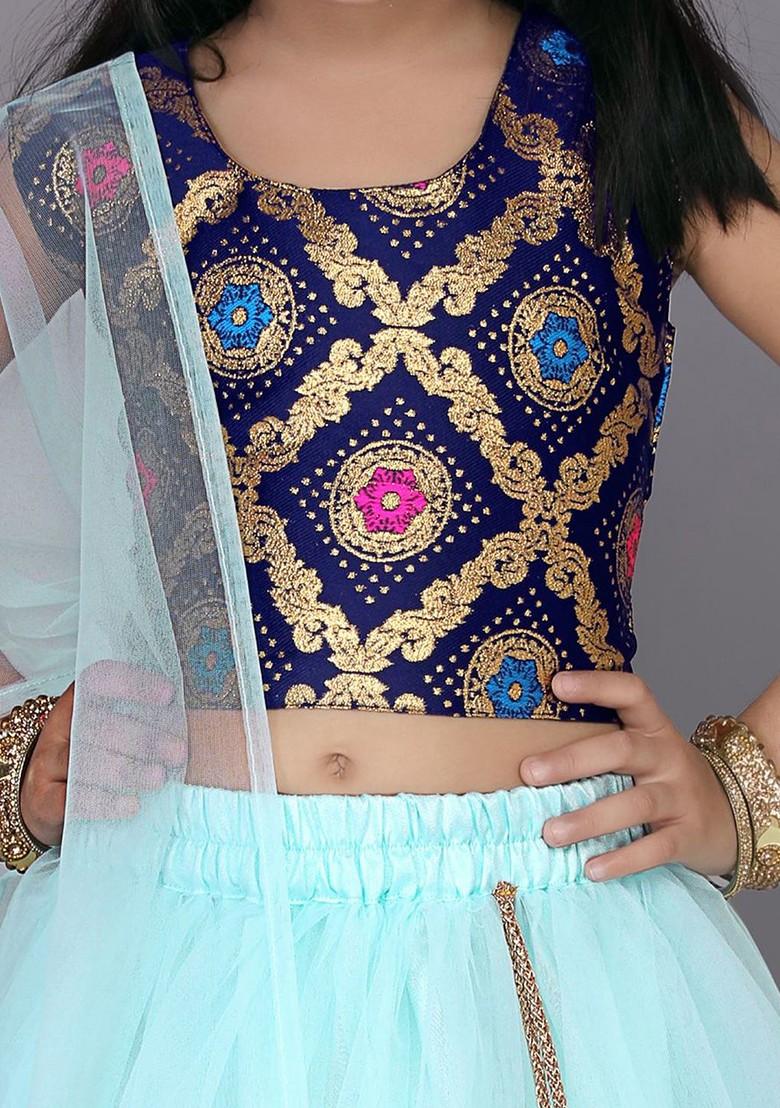Sea Green Embroidered Blended Lehenga Choli For Girls - Indya