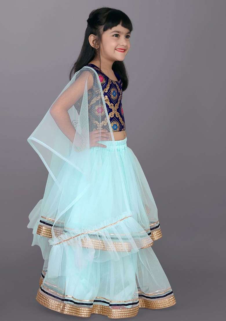 Sea Green Embroidered Blended Lehenga Choli For Girls - Indya