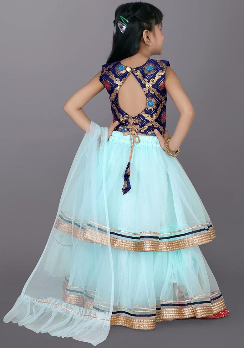 Sea Green Embroidered Blended Lehenga Choli For Girls - Indya